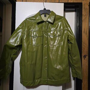 Shein Women's Glossy Olive Green Faux Leather Buttoned Down Shirt Jacket - Small